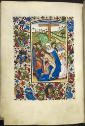 Add MS 50004 f.70v De Maagd Maria die het lichaam van Christus vasthoudt, met twee discipelen en vrouwen naast haar, uit een 