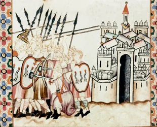 Leger van de Moren dat een stad verdedigt. Detail van een bladzijde uit een handschrift van de Liederen van de Heilige Maria (Cantigas de Santa Maria), versierd met miniaturen gewijd aan de Heilige Maria en haar wonderen, een liederenverzameling