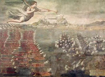 Slag bij Lepanto. Overwinnende schepen die de haven van Messina binnenvaren