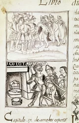 Codex van de verovering van Mexico - miniatuur uit het Florentijnse Manuscript "Storia degli Aztechi" (Geschiedenis van de Azteken) door Bernardino de Sahagun
