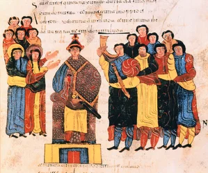 David wordt tot koning uitgeroepen voor het volk van Juda, uit de Visigotisch-Mozarabische Bijbel van St. Isidores, fol.125r., 960 n.Chr. (tempera op perkament)