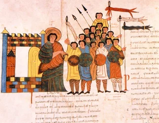 Vertrek van het leger van koning David naar de oorlog, uit de Visigotisch-Mozarabische Bijbel van St. Isidores, fol.131v., 960 n.Chr. (tempera op perkament)