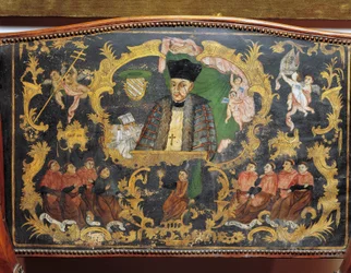 Afbeelding van Bisschop-Rector van de Universiteit, detail van de achterkant van een beschilderde leren stoel van het College van St. Bartholomew in Salamanca, Spanje