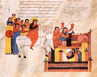 Intocht van koning David in Jeruzalem op het geluid van trompetten, uit de Visigotisch-Mozarabische Bijbel van St. Isidores, fol.135r., 960 n.Chr.