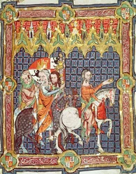 Fol. 10r Alfons VII (1105-57) en zijn echtgenote, Berenguela van Barcelona, worden naar de aartsbisschop geleid, uit een manuscript met de kroningen van de koningen van Aragon en Castilië