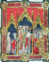 Fol. 13r: Kroning van de koningen van Aragon en Castilië: Alfons VII (1105-57) biedt gouden brood aan in aanwezigheid van de aartsbisschop van Toledo, uit het Libro de los Testamentos