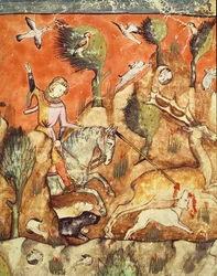 Een jager achtervolgt een hert, uit de Codex Benito Santa Mora