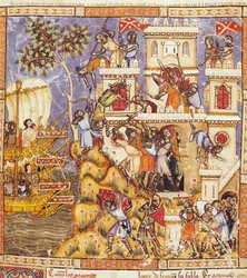 Fol.30r De Landing van de Grieken, het Beleg van het Kasteel van Tenedos en de Dood van de Verdedigers, uit de Codex Benito Santa Mora