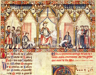 Fol.5r Het hof van Alfons X (1221-84) de Wijze, koning van Castilië en León, miniatuur uit de Cantigas de Santa Maria