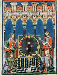 Vier Arabische backgammonspelers, uit het Boek der Spelen, Schaken, Dobbelstenen en Borden, 1282