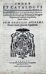 Frontispice van "Index en catalogus librorum prohibitorum", index met de verboden boeken door de Algemene Inquisitie in Spanje gepubliceerd door Gaspar de Quiroga (1499-1593)