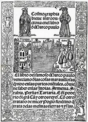 Frontispice van de eerste Castiliaanse versie van De Reizen van Marco Polo, vertaald door Rodrigo de Santaella, gepubliceerd 1503