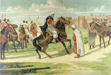 Generaal Muza Ibn Nusayr geselt zijn plaatsvervanger Tarik voor ongehoorzaamheid aan zijn bevelen tijdens de verovering van Andalusië en Extremadura (kleurenlitho)