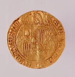 Gouden munt uit Spanje: regering van de katholieke koningen Ferdinand en Isabella