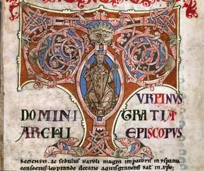 Initiaal T met een afbeelding van Karel de Grote, illustratie uit de Codex Calixtinus