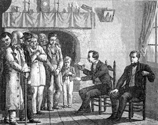 Joseph Smith, oprichter van de Mormoonse kerk, leest uit het Boek van Mormon aan vroege Mormoonse bekeerlingen, uit 