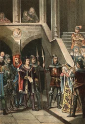 Leonor de Guzman, favoriet van koning Alfons XI, gearresteerd en geëxecuteerd door Don Alfonso Fernandez de Olmedo, in opdracht van koningin Maria van Portugal, in de 14e eeuw. In 