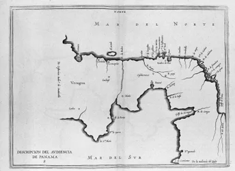 Kaart van Midden-Amerika (Panama) uit een Spaans reisboek uit het begin van de 17e eeuw. De kaart is georiënteerd op de oude manier (noordoost naar oost) en de Atlantische Oceaan wordt de Noordzee genoemd en de Stille Oceaan de Zuidzee