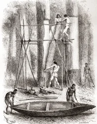 Inheemse Indianen bouwen een kano aan de oevers van de Oyapock of Oiapoque Rivier, Zuid-Amerika (gravure)