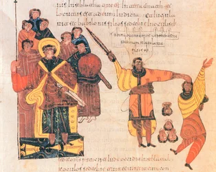 Nebukadnezar beveelt de zonen van de rebelse Zedekia te doden, fol.289v., uit de Visigotisch-Mozarabische Bijbel van St. Isidore