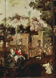 Paneel van een vouwscherm met een reeks stenen huizen met dansende Indianen (olie op paneel)