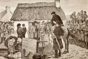 Arme pachters worden tijdens de crisis van de Irish National Land League uit hun huis gezet, uit 