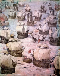 Regatta van Spaanse galeien tijdens een expeditie naar de Azoren in 1582 onder Filips II, koning van Spanje. 16e-eeuwse fresco. Zaal van de Slagen, Paleis van het Escorial, Madrid