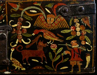 Scène met Spaanse jager en indiaanse motieven, detail (koloniale periode, Spaanse oorsprong, Bolivia)