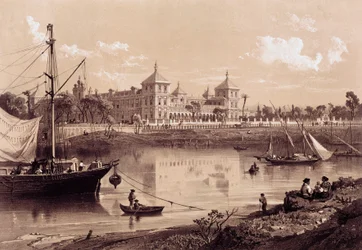 Sevilla, het San Telmo-paleis aan de oever van de Guadalquivir. Andalusië, Spanje (19e eeuw). Madrid, Nationale Bibliotheek.