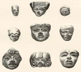 Stenen hoofden en maskers gevonden in Teotihuacan, Mexico door Desiré Charnay tijdens zijn expeditie in 1880-1883