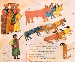 Het Hebreeuwse volk verlaat Egypte met hun vee, uit de Visigotisch-Mozarabische Bijbel van St. Isidores, fol.38v., 960 n.Chr. (tempera op perkament)