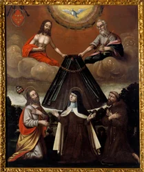 De Heilige Drie-eenheid houdt de mantel van Sint Theresia van Avila vast