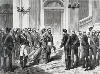 De Koning van Spanje Amedee I (Amedeo Ferdinando Maria di Savoia) (1845-1890) en zijn vrouw Koningin Maria Victoria dal Pozzo della Cisterna (1847-1876) bij hun aankomst in het Koninklijk Paleis in Madrid op 19/03/1871. Gravure uit "La Ilustracion Espanola