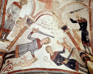 De cyclus van de maanden: het bloedbad van de onschuldigen. Detail van een fresco uit de 12e eeuw uit het Koninklijk Pantheon van de Real Colegiata de San Isidoro (Koninklijke kapittelkerk van Sint-Isidorus). León. Spanje