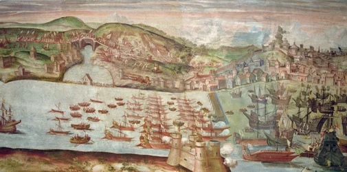 De binnenkomst van de vloot in Lissabon, een scène uit de maritieme campagne tegen Portugal onder leiding van Alvaro de Bazan, tijdens het bewind van Filips II van Spanje (fresco)