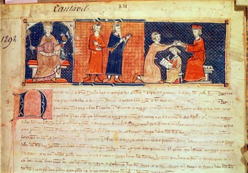 De feodale heer preekt zijn preek voor de koning van Majorca, James I (1207-76) uit de Capbreu de Clayra et de Millas, 1292
