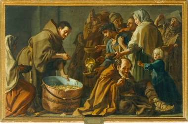 Het wonder van de heilige Didacus van Alcala. Verrast tijdens een verboden voeding van de armen, het brood in zijn ...