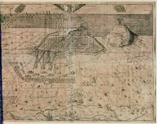 Het beleg van de stad Barcelona door troepen van koning Filips IV tijdens de Oorlog van de Oogsters van 1640-52 (gravure)
