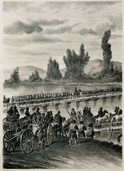 De troepen van het Napoleontische Franse leger steken de rivier de Bidasoa over