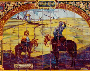 Tegels die Don Quichot en Sancho Panza weergeven die zich voorbereiden om de windmolens aan te vallen (keramiek)