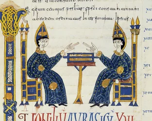 Twee katholieke bisschoppen zittend voor een manuscript, miniatuur uit de Glosas Emilianenses, 992-994