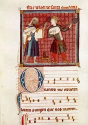 Twee muzikanten, de ene een Moor en de andere een Spaanse christen. Detail van een pagina uit een manuscript van de Liederen van de Heilige Maria