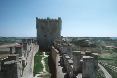 Uitzicht op de kasteelmuren en donjon