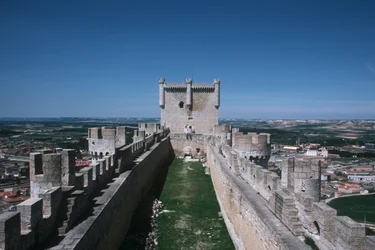 Uitzicht op de kasteelmuren en donjon