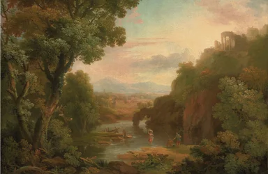 Een klassiek landschap met vissers en een wasvrouw, een villa op een heuvel en bergen daarachter