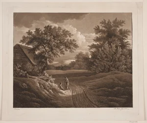 Landschap met twee pratende boeren