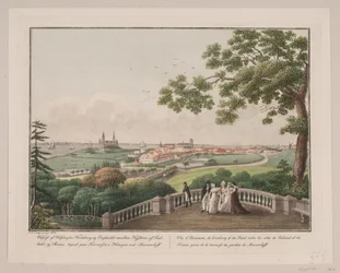 Uitzicht op Helsingør, Kronborg en de Sont tussen de kusten van Seeland en Skåne. Getekend op het terras in de tuin bij Marienlyst