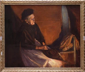 Oude Vrouw met Blaasbalg bij een Vuur