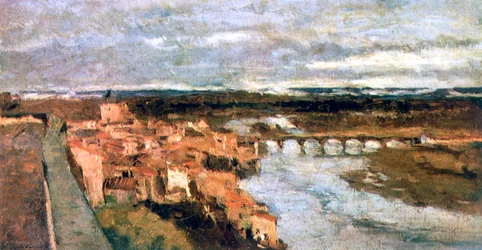 Landschap met dorp en brug, ca. 1855-1892