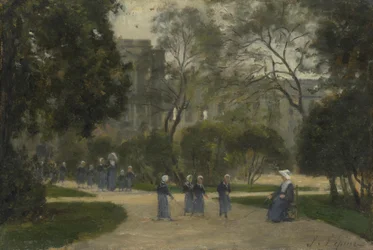 Nonnen en schoolmeisjes in de Tuilerieën, Parijs, 1870s-1880s